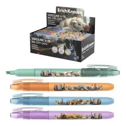 ErichKrause Visioline V-15 Big City Cats Confezione da 12 pennarelli fluorescenti - Punta smussata - Spessore del tratto da 0