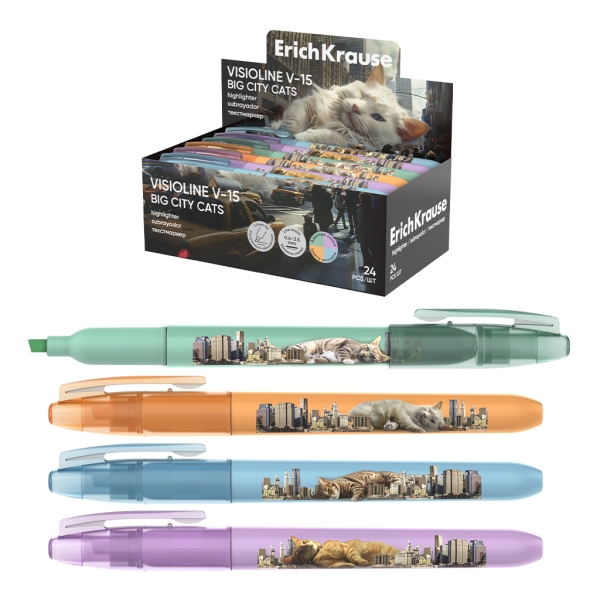 ErichKrause Visioline V-15 Big City Cats Confezione da 12 pennarelli fluorescenti - Punta smussata - Spessore del tratto da 0