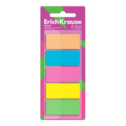 ErichKrause Neon - Confezione da 5 blocchi da 20 segnalibri - Riposizionabili - Plastica - 20x45 mm - Colori assortiti