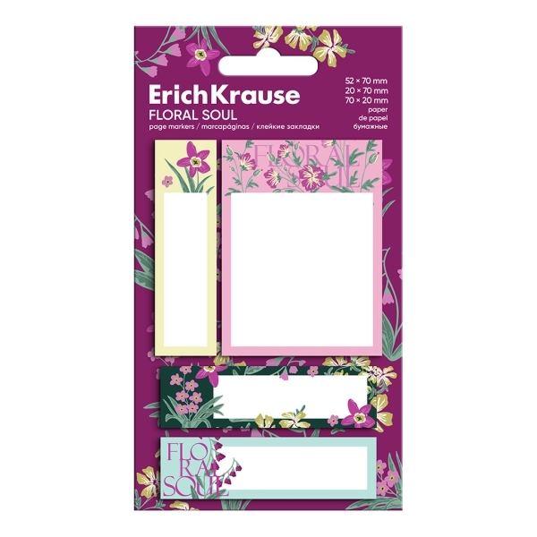 ErichKrause Floral Soul Confezione da 4 blocchi da 20 segnalibri - Riposizionabili - Carta da 75 g/m² - 3 formati diversi - Colori assortiti