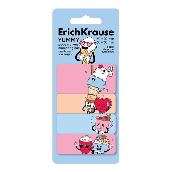 ErichKrause Yummy Confezione da 4 blocchi da 20 segnalibri - Riposizionabili - Carta da 75 g/m² - 20 x 60 mm - Colori assortiti