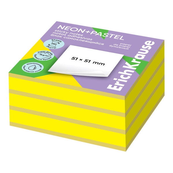 ErichKrause Neon+Pastel Blocco da 250 post-it riposizionabili - Carta da 75 g/m² - 51 x 51 mm - Colla a base d'acqua - Colori assortiti