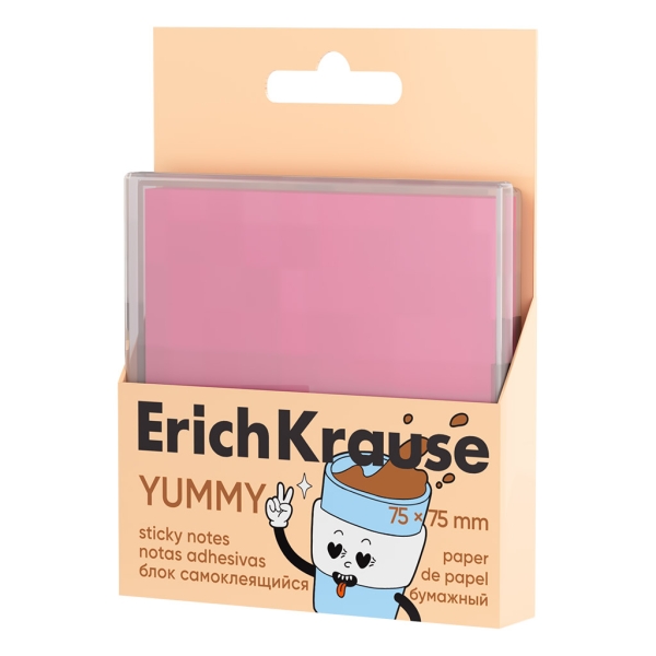 ErichKrause Yummy Bloc da 80 foglietti adesivi riposizionabili - Carta da 75 g/m² - 75x75 mm - Confezione in plastica - Colla a base d'acqua - Colore rosa