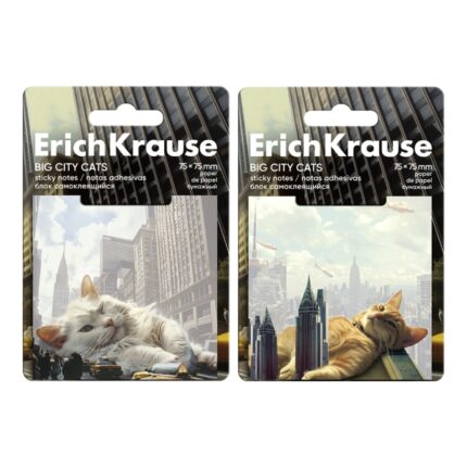 ErichKrause Big City Cats Blocco da 50 foglietti adesivi riposizionabili - Carta da 75 g/m² - 75 x 75 mm - Colla a base d'acqua - Colori assortiti