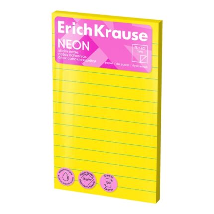 ErichKrause Neon Bloc da 100 foglietti adesivi riposizionabili - Carta da 75 g/m² - 75 x 125 mm - Colla a base d'acqua - Colori assortiti