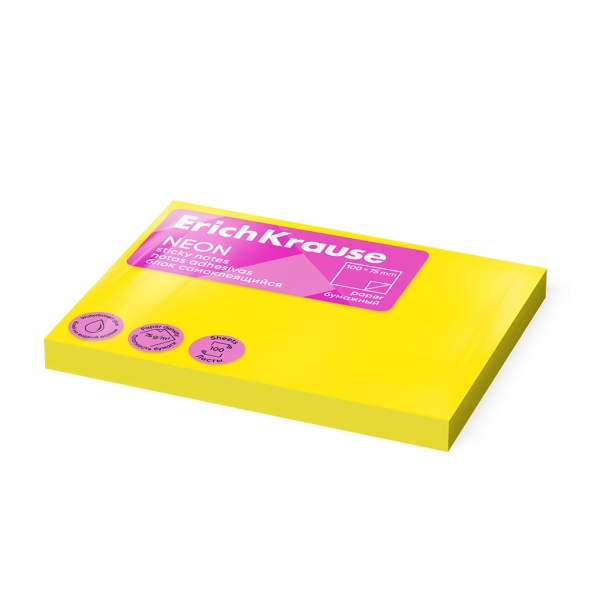 ErichKrause Neon Bloc da 100 foglietti adesivi riposizionabili - Carta da 75 g/m² - 75 x 100 mm - Colla a base d'acqua - Colore giallo