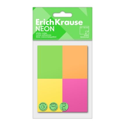 ErichKrause Neon - Confezione da 4 blocchi da 100 post-it riposizionabili - Carta da 75 g/m² - 40 x 50 mm - Colla a base d'acqua - Colori assortiti