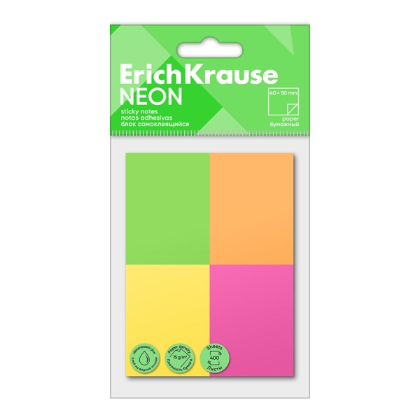 ErichKrause Neon - Confezione da 4 blocchi da 100 post-it riposizionabili - Carta da 75 g/m² - 40 x 50 mm - Colla a base d'acqua - Colori assortiti