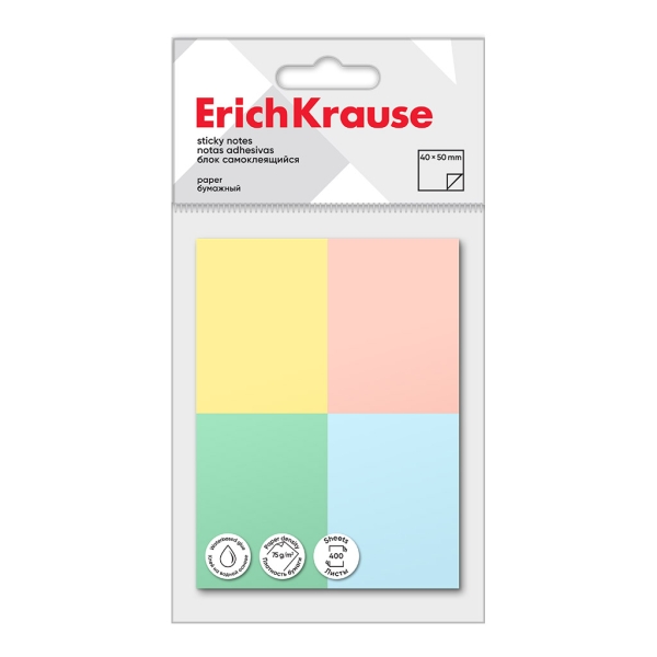 ErichKrause Confezione da 4 blocchi da 100 post-it riposizionabili - Carta da 75 g/m² - 40 x 50 mm - Colla a base d'acqua - Colori assortiti