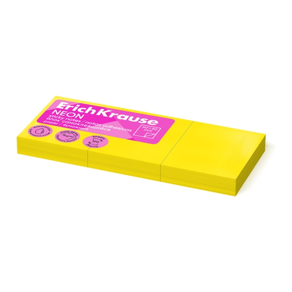 ErichKrause Neon - Confezione da 3 blocchi da 100 post-it riposizionabili - Carta da 75 g/m² - 40 x 50 mm - Colla a base d'acqua - Colore giallo