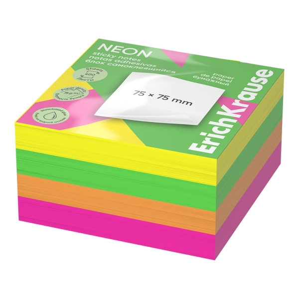 ErichKrause Neon Bloc da 400 foglietti adesivi riposizionabili - Carta da 75 g/m² - 75 x 75 mm - Colla a base d'acqua - Colori assortiti