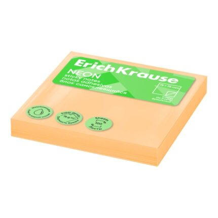 ErichKrause Neon Bloc da 100 foglietti adesivi riposizionabili - Carta da 75 g/m² - 75 x 75 mm - Colla a base d'acqua - Colore arancione
