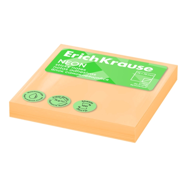 ErichKrause Neon Bloc da 100 foglietti adesivi riposizionabili - Carta da 75 g/m² - 75 x 75 mm - Colla a base d'acqua - Colore arancione