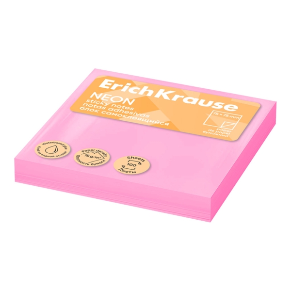 ErichKrause Neon Bloc da 100 foglietti adesivi riposizionabili - Carta da 75 g/m² - 75 x 75 mm - Colla a base d'acqua - Colore rosa