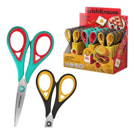 ErichKrause Endeavor Cheat Meal Espositore con 24 forbici da 16 cm - Manici in plastica e gomma antiscivolo - Lame arcuate - Ergonomiche - Acciaio inossidabile - Colori assortiti