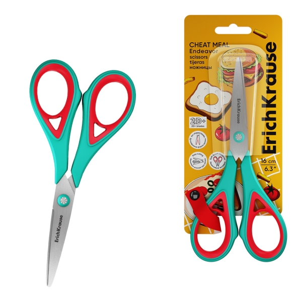 ErichKrause Endeavor Cheat Meal Forbici da 16 cm - Manici in plastica e gomma antiscivolo - Lame ricurve - Ergonomiche - Acciaio inossidabile - Colore turchese