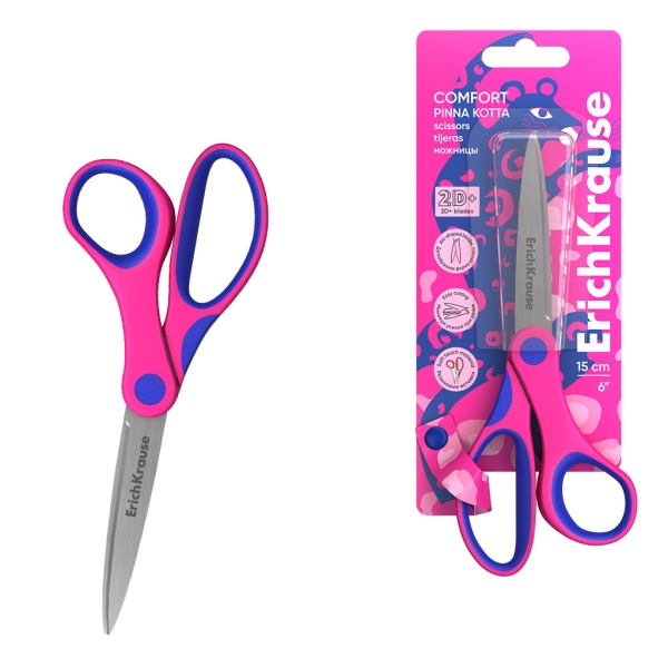 ErichKrause Comfort Pinna Kotta Forbici da 15 cm - Manici in plastica e gomma antiscivolo - Lame ad arco - Ergonomiche - Acciaio inossidabile - Colore rosa