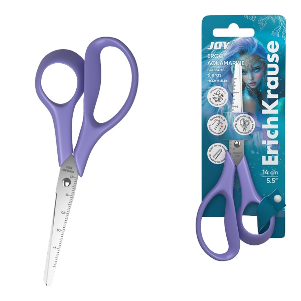 ErichKrause JOY Ergo Aquamarine Forbici da 14 cm - Impugnature in plastica resistente agli urti - Riga da 5 cm sulla lama - Ergonomiche - Colore lilla