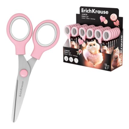 ErichKrause Junior Prima Cat Espositore con 24 forbici da 13 cm - Manici in plastica resistente agli urti - Ergonomiche - Colore rosa