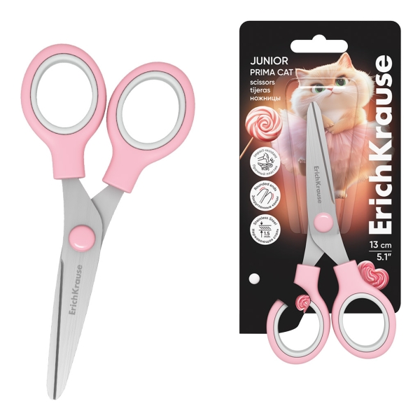 ErichKrause Junior Prima Cat Forbici da 13 cm - Manici in plastica resistente agli urti - Ergonomiche - Colore rosa