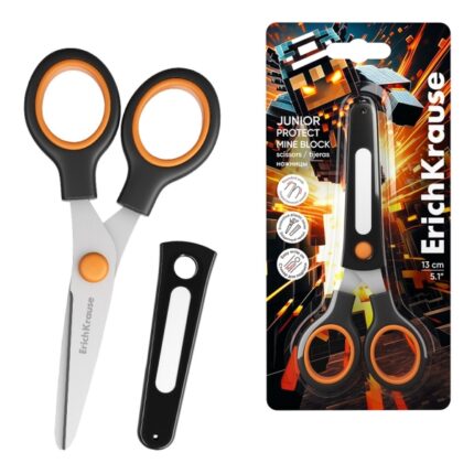 ErichKrause Junior Protect Mine Block Forbici da 13 cm - Manici in plastica resistente agli urti - Custodia protettiva - Ergonomiche - Colore nero