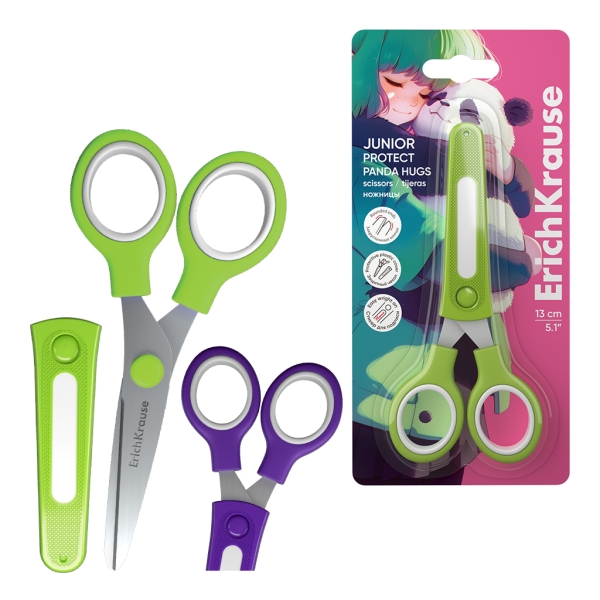 ErichKrause Junior Protect Panda Hugs Forbici da 13 cm - Punte arrotondate - Custodia protettiva - Manici in plastica resistente agli urti - Acciaio inossidabile - Colori assortiti