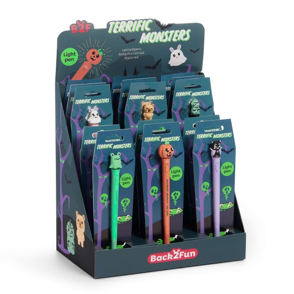 Miquel Rius Back2Fun Espositore di Halloween con 18 penne a luce - 6 modelli diversi - La punta si illumina premendo il pulsante - Inchiostro blu
