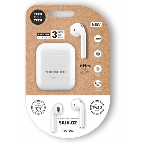 TechOneTech SIUX.02 Cuffie wireless Bluetooth TWS - Fino a 20 ore di riproduzione - IPX5 - Colore: bianco