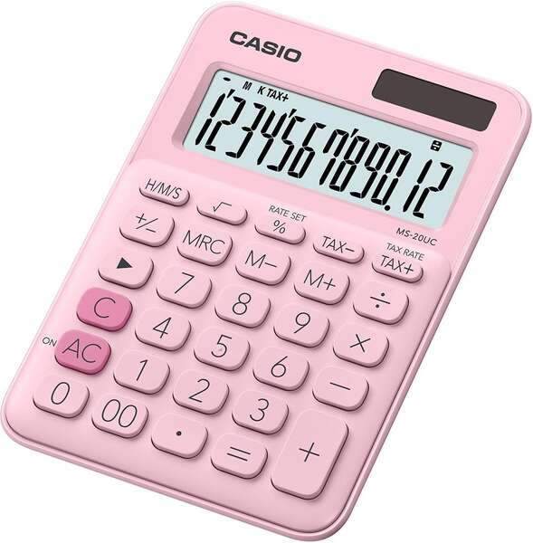 Casio MS-20UC Calcolatrice da tavolo compatta - Display LCD a 12 cifre - Alimentazione solare e a batterie - Colore rosa