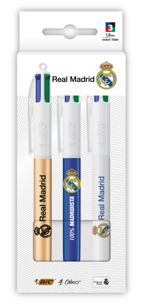 Confezione Bic 4 Colours Real Madrid CF con 3 penne a sfera a scatto - 3 modelli diversi - Punta media da 1