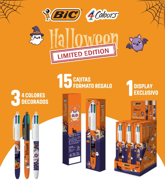 Espositore Bic 4 Colours Halloween con 15 penne a sfera a scorrimento - 3 modelli diversi - In confezione singola - Punta media da 1