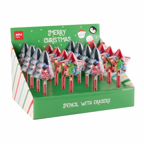 Apli Natale: espositore con 12 confezioni di matite con mini gomme da cancellare - Diversi motivi natalizi